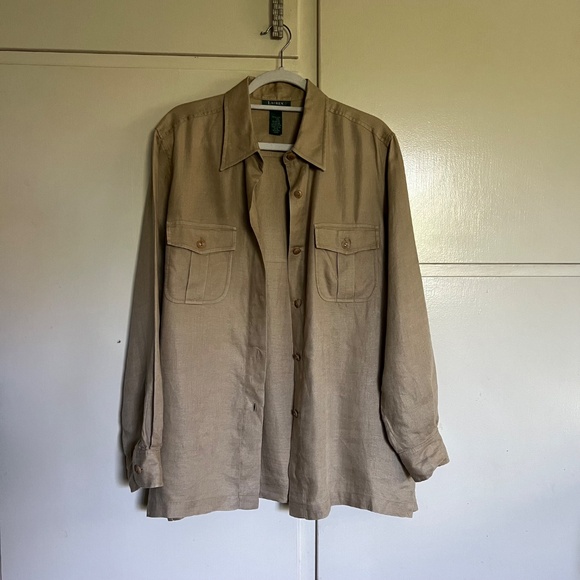 Lauren Ralph Lauren Tan Linen Long Sleeve Button Up Top Blouse Plus Size 16 - Picture 3 of 9